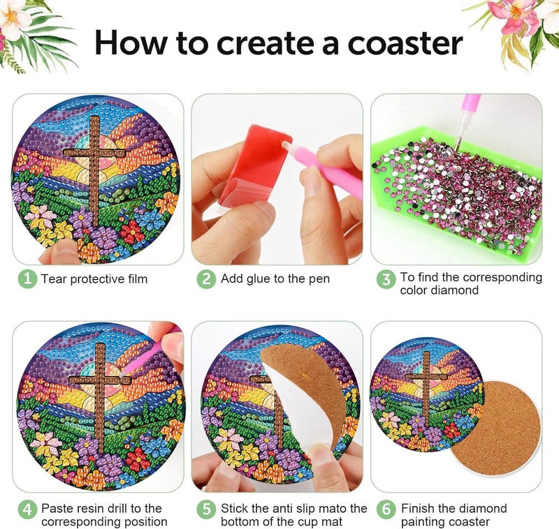 mrpwnle 8 Pack Diamond Art Coasters Kits Christ Cross Flowers Diamond Painting Coasters Kit Set with Holder Cork Pads, DIY Non Slip Coaster Craft Kits for Adults Beginners Ideal Gifts - Image 5