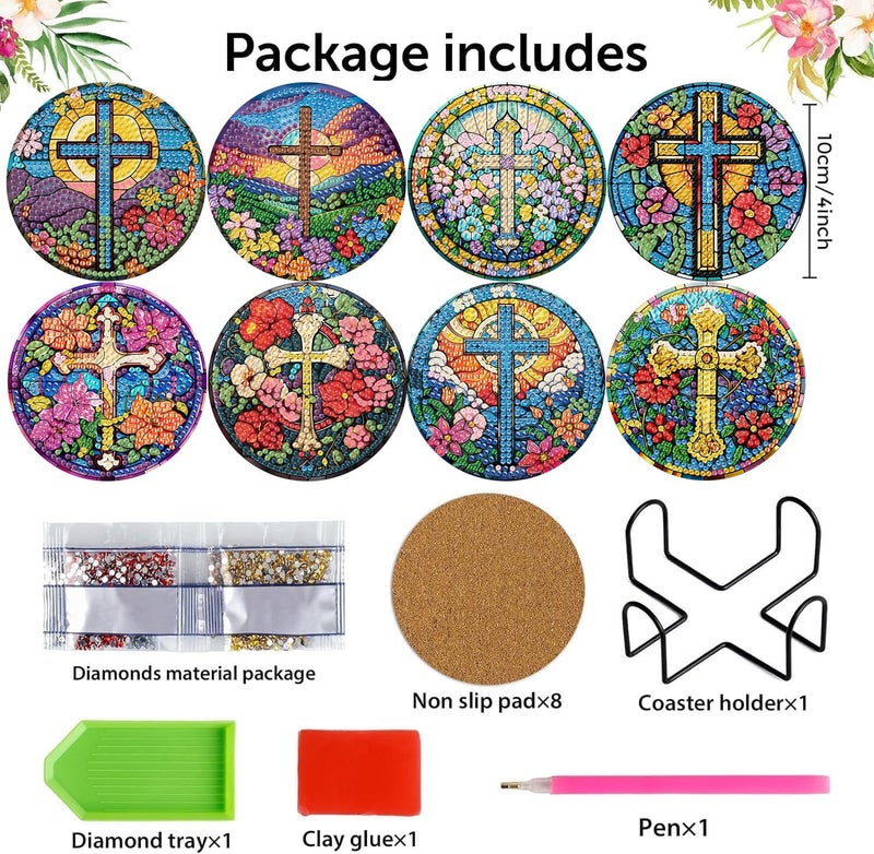 mrpwnle 8 Pack Diamond Art Coasters Kits Christ Cross Flowers Diamond Painting Coasters Kit Set with Holder Cork Pads, DIY Non Slip Coaster Craft Kits for Adults Beginners Ideal Gifts - Image 2