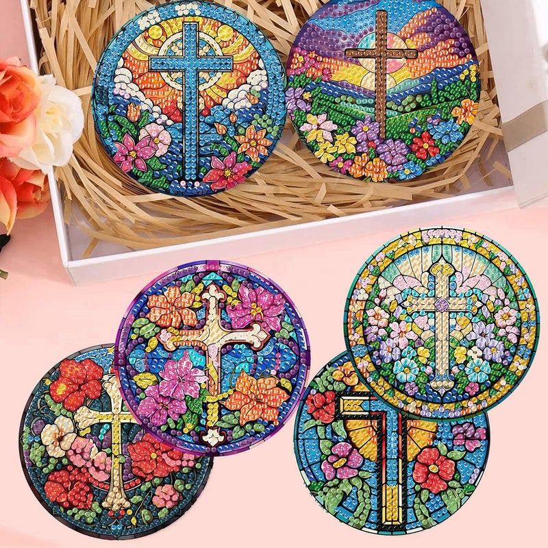 mrpwnle 8 Pack Diamond Art Coasters Kits Christ Cross Flowers Diamond Painting Coasters Kit Set with Holder Cork Pads, DIY Non Slip Coaster Craft Kits for Adults Beginners Ideal Gifts - Image 3