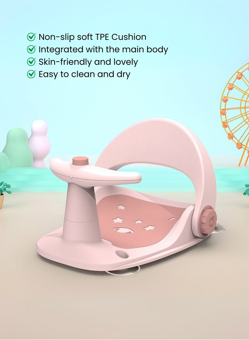 Moms Magic Baby Bath Seat with Safety Guardrail – Portable Non-Slip Infant Bath Chair with 3 Engaging Toys & 4 Suction Cups – Secure & Compact Baby Bather for Bathtub/Bathroom Use (6-18 Months) - Pink - Image 4
