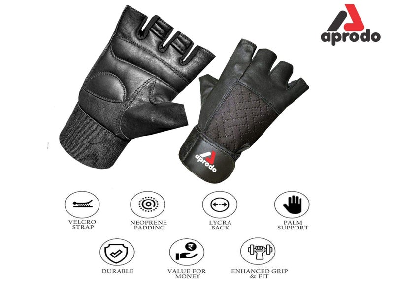 Aprodo Leather Weight Lifting Gloves for Men and Women, with Long Wrist Wrap & Padded Leather Palm (All Black, Large) - Image 2