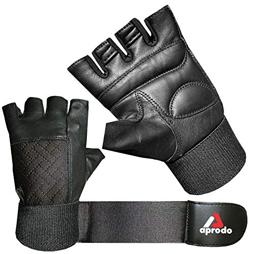 Aprodo Leather Weight Lifting Gloves for Men and Women, with Long Wrist Wrap & Padded Leather Palm (All Black, Large) - Image 1