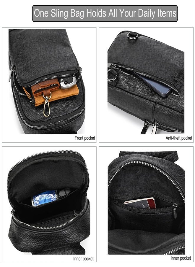 LUUFAN Genuine Leather Shoulder Bag for Men Everyday Crossbody Chest Sling Messenger Bag Multi Pocket Sport Casual Outdoor Bag, Black - Image 4