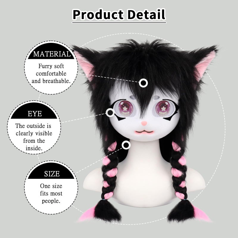 hbbhml Animal Cat Head Mask Fursuit Cute Plush Anime Masks for Halloween Masquerade Cosplay Costume Accessory - Image 4