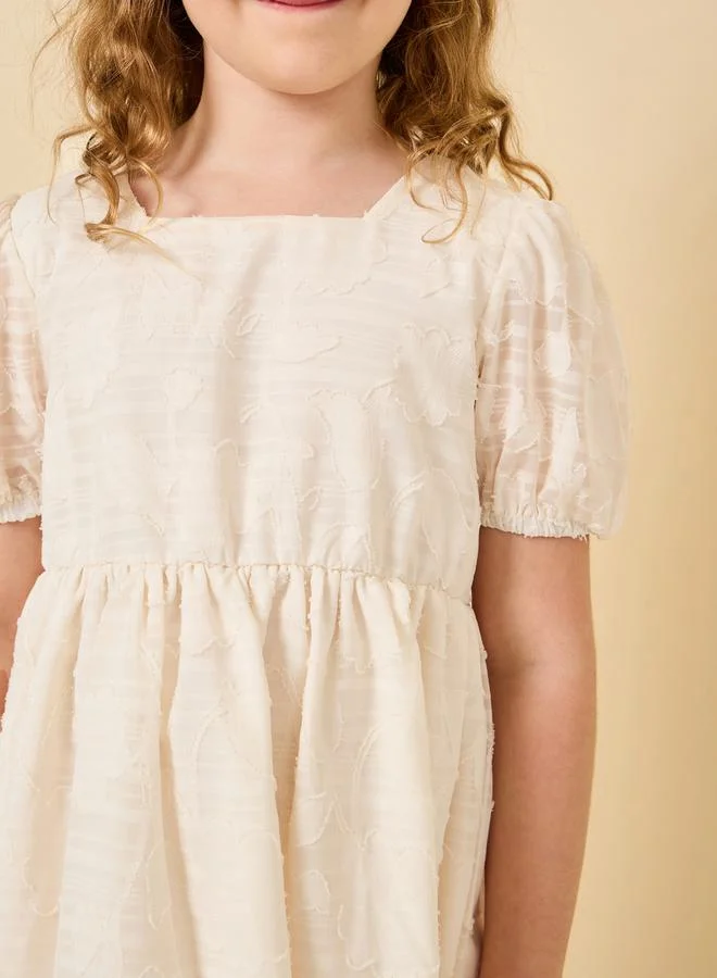 Styli Jacquard Mesh Detail Puff Sleeve Dress