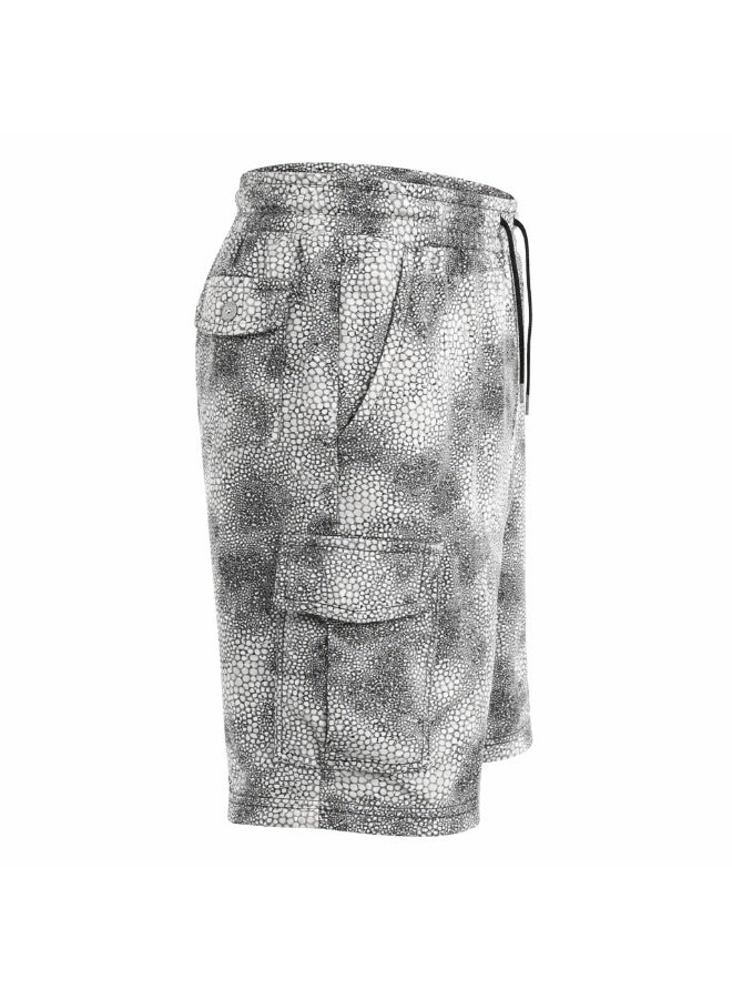 Snakeskin Print Cargo Shorts, Grey, Elasticated Waist with Drawstring, Multi-Pocket Style - Image 3