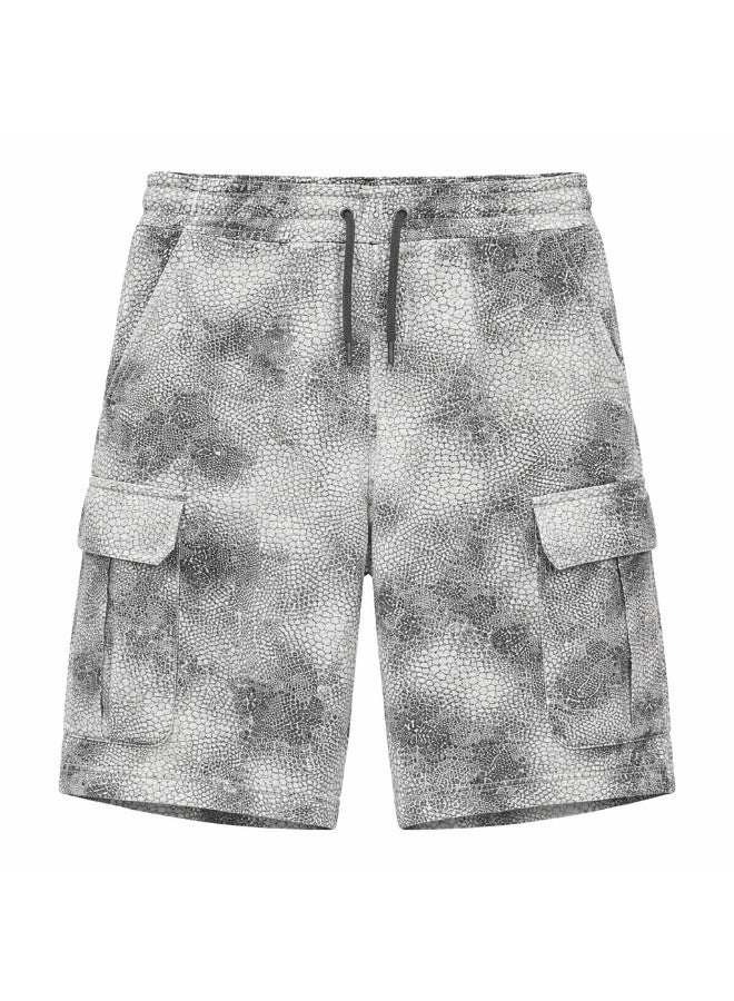 Snakeskin Print Cargo Shorts, Grey, Elasticated Waist with Drawstring, Multi-Pocket Style - Image 1