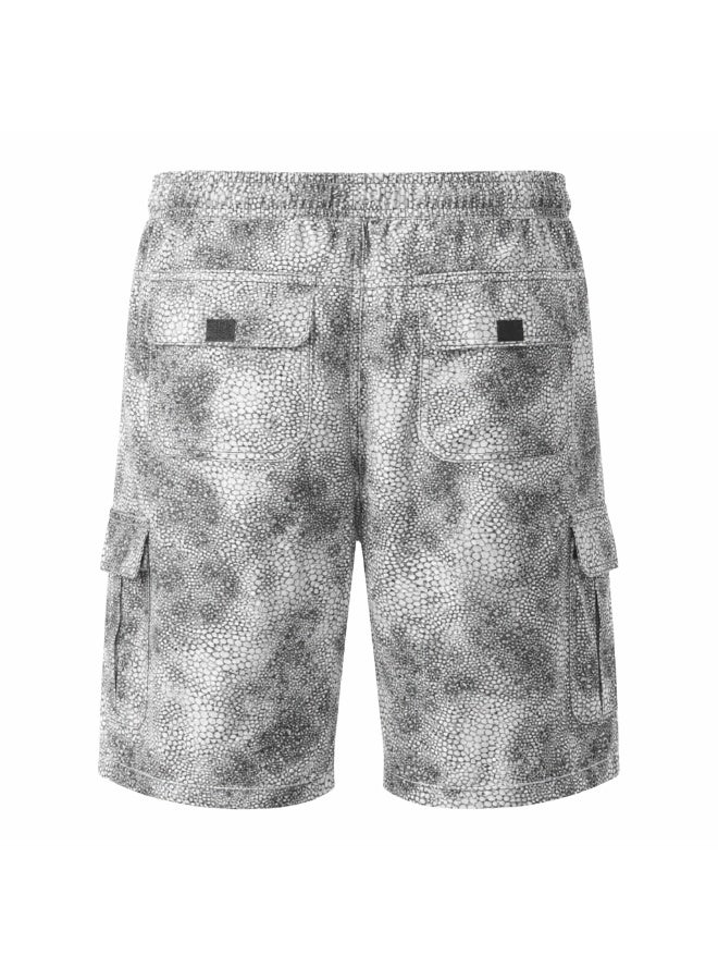 Snakeskin Print Cargo Shorts, Grey, Elasticated Waist with Drawstring, Multi-Pocket Style - Image 2