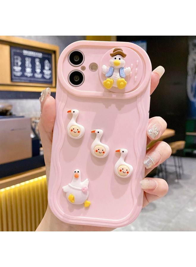 For iPhone 16 Creative 3D Duck Design Sliding Window Full Coverage Phone Case(Pink)