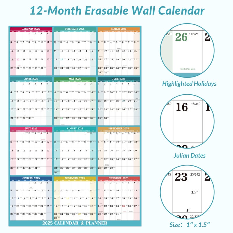 MaaIbok 2025 Yearly Wall Calendar - Dry Erase Calendar 2025, Jan. 2025 - Dec. 2025, 34.8'' × 22.8'', 2-Sided Erasable Calendar with 8 Round Stickers - Image 3