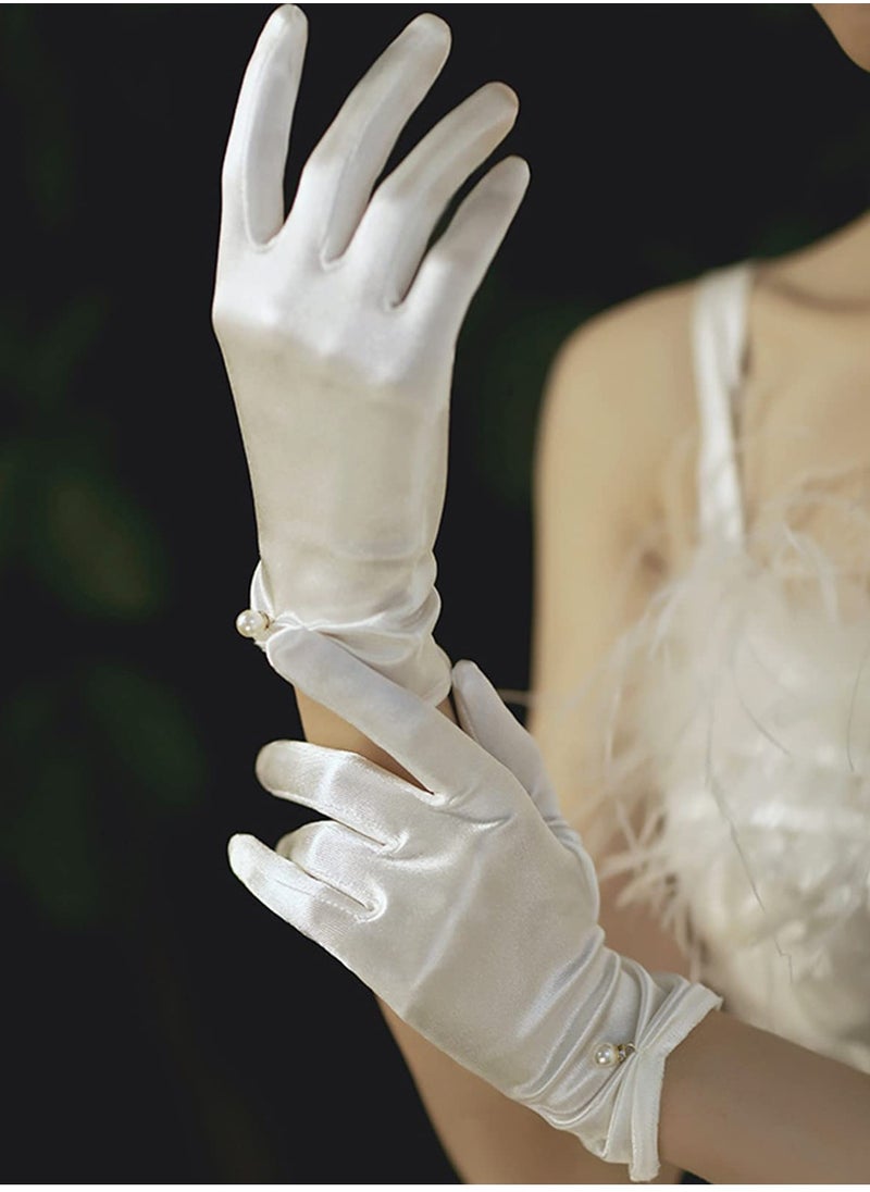 SYOSI - Women Short Satin Gloves, Wedding Bride Elegant Wrist Length Gloves, 2Pcs Pearl Design Opera Gloves for Evening Party Prom Wedding Decoration Black and White - Image 1
