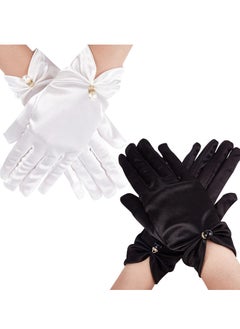 Women Short Satin Gloves, Wedding Bride Elegant Wrist Length Gloves, 2Pcs Pearl Design Opera Gloves for Evening Party Prom Wedding Decoration Black and White