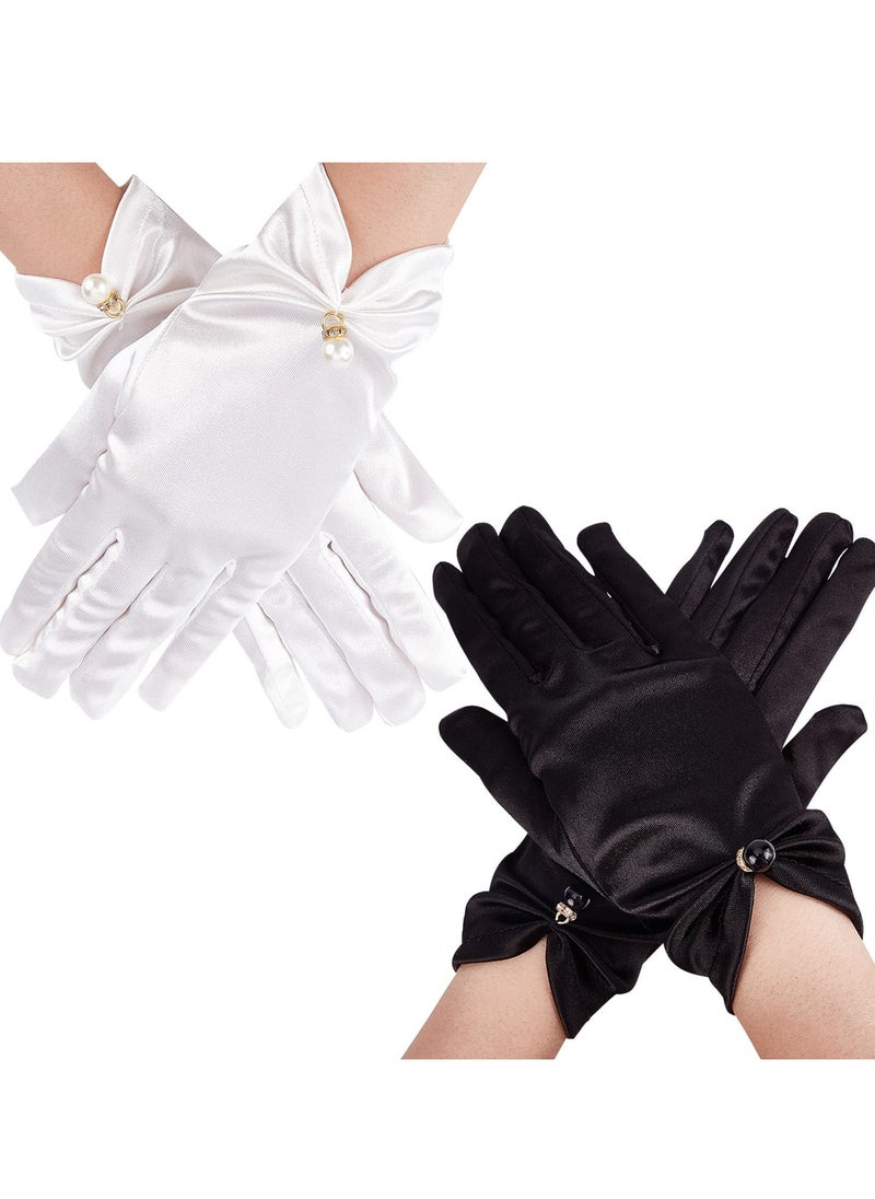 SYOSI - Women Short Satin Gloves, Wedding Bride Elegant Wrist Length Gloves, 2Pcs Pearl Design Opera Gloves for Evening Party Prom Wedding Decoration Black and White - Image 1