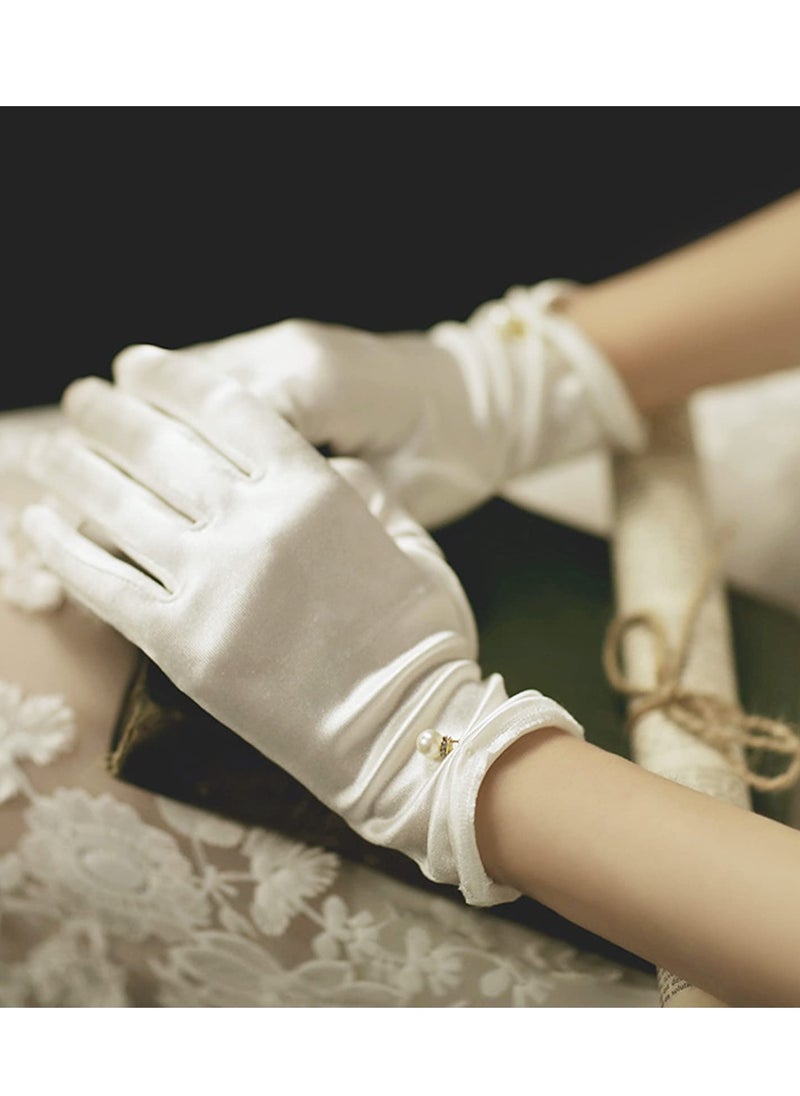 SYOSI - Women Short Satin Gloves, Wedding Bride Elegant Wrist Length Gloves, 2Pcs Pearl Design Opera Gloves for Evening Party Prom Wedding Decoration Black and White - Image 1