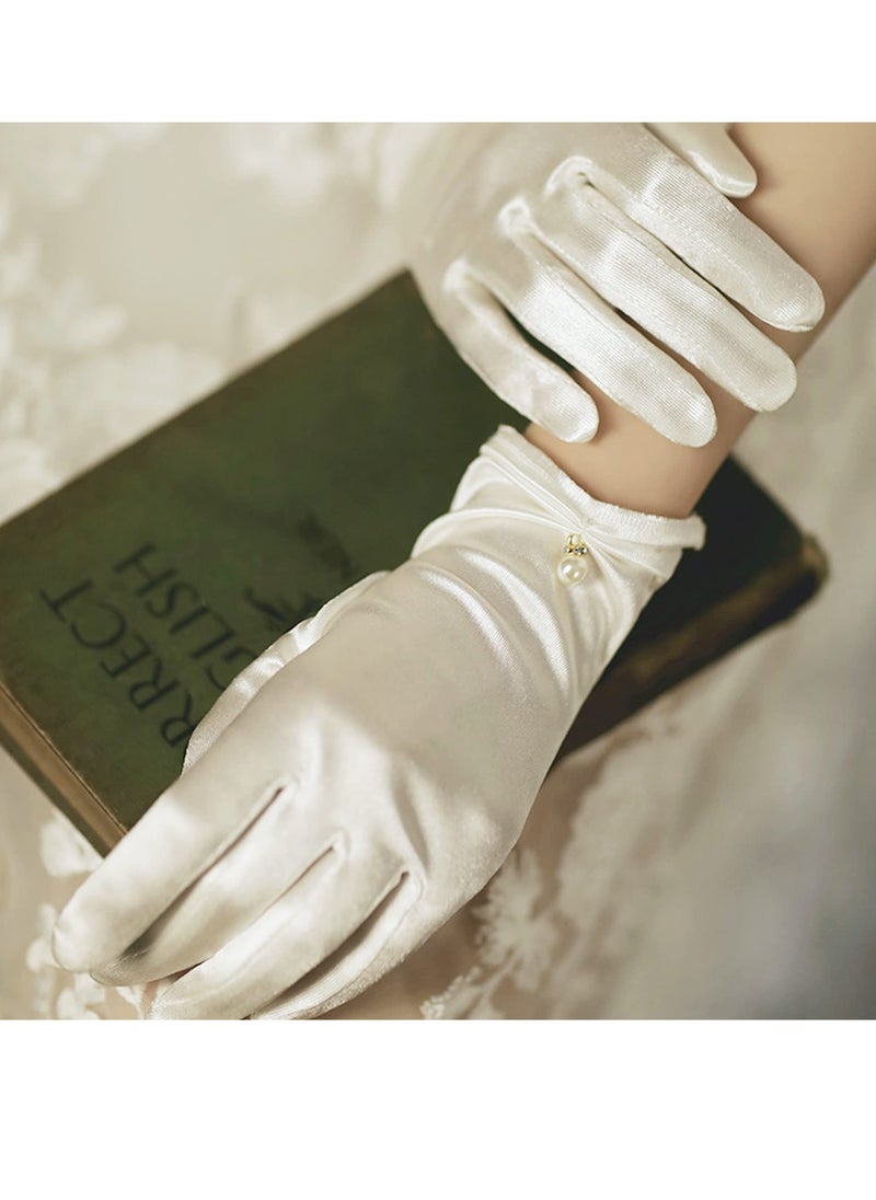 SYOSI - Women Short Satin Gloves, Wedding Bride Elegant Wrist Length Gloves, 2Pcs Pearl Design Opera Gloves for Evening Party Prom Wedding Decoration Black and White - Image 1