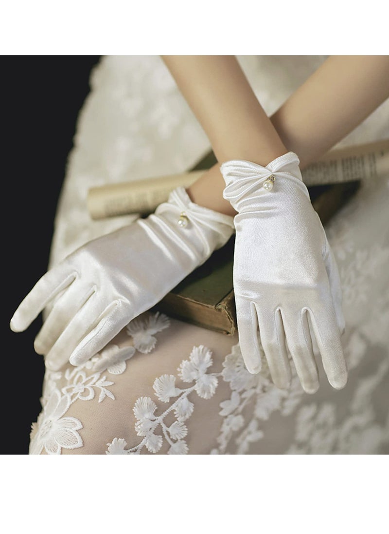 SYOSI - Women Short Satin Gloves, Wedding Bride Elegant Wrist Length Gloves, 2Pcs Pearl Design Opera Gloves for Evening Party Prom Wedding Decoration Black and White - Image 1