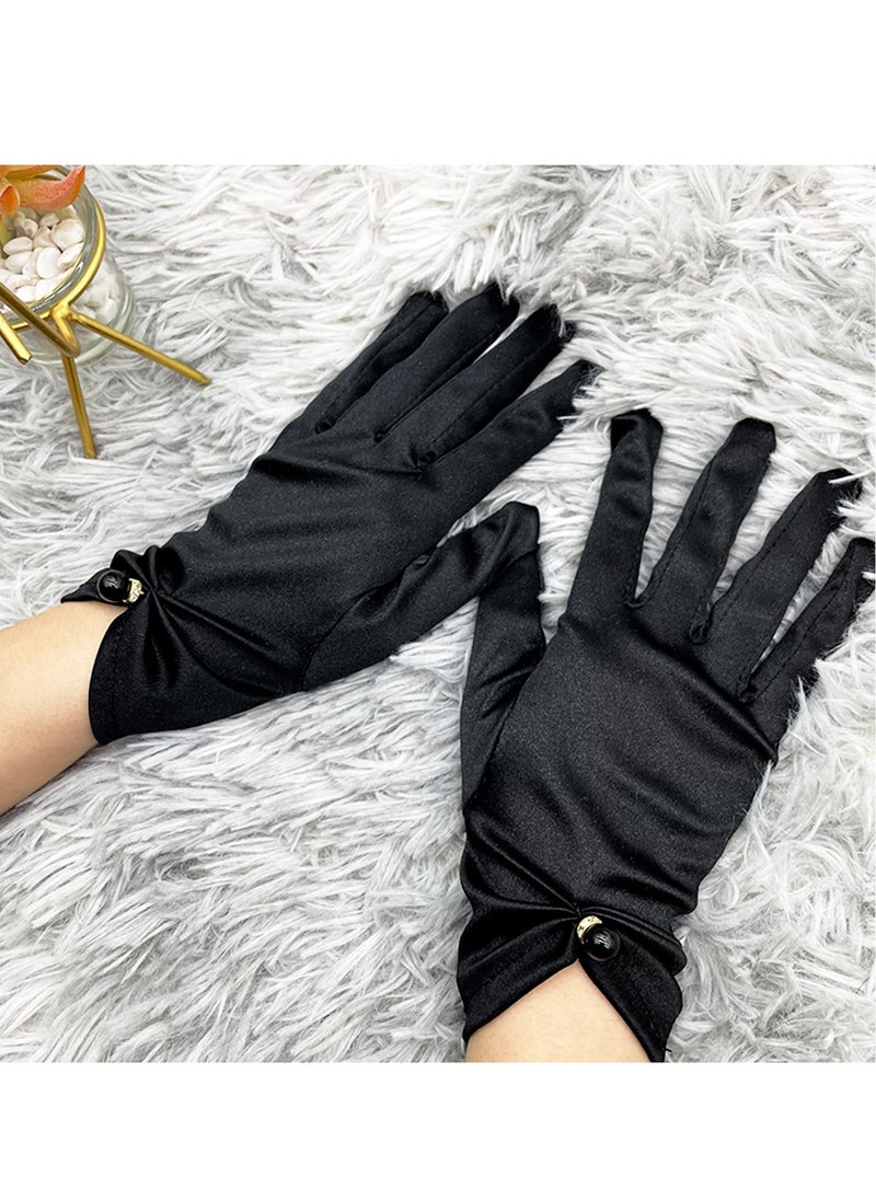 SYOSI - Women Short Satin Gloves, Wedding Bride Elegant Wrist Length Gloves, 2Pcs Pearl Design Opera Gloves for Evening Party Prom Wedding Decoration Black and White - Image 1