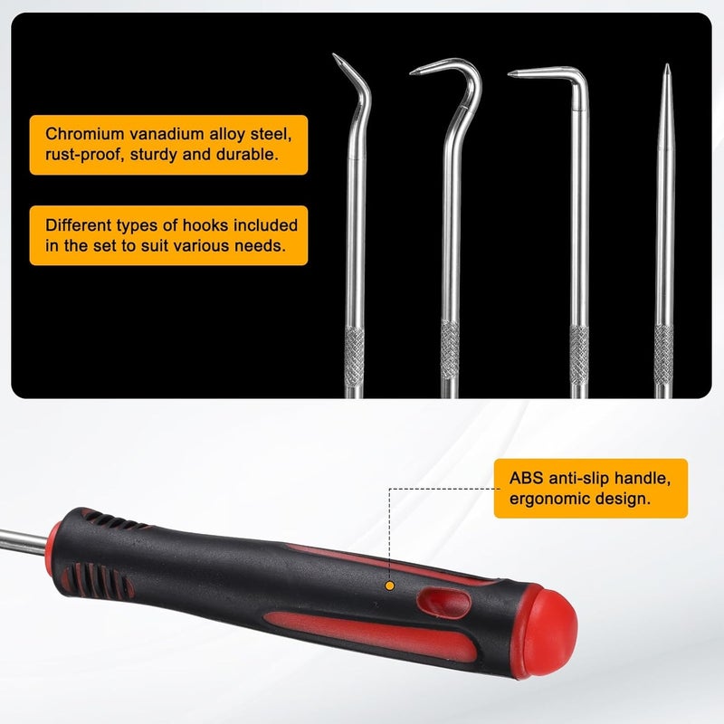 HARFINGTON 4Pcs Mini Hook and Pick,166mm Oil Seal Gasket Precision Screwdriver Puller Remover Removal Tool for Remove Hoses and Gaskets, Auto and Electronics Maintenance Tools, Black Red - Image 3