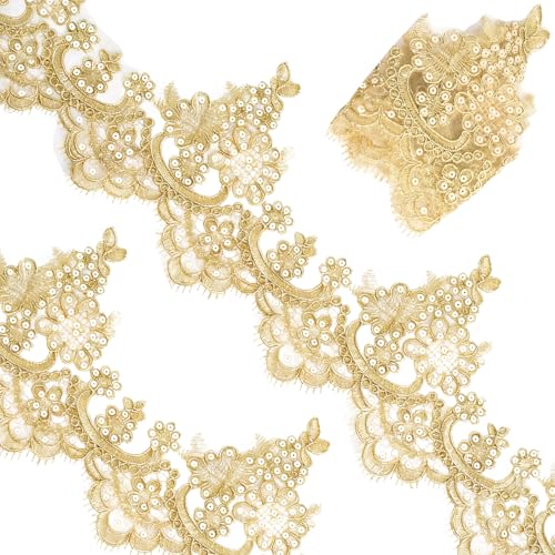 Winsyison 1 Yards Gold Metallic Venice Lace Trim 551 Inch Wide Sequin Embroidery Venice Lace Trim Ribbon Flower Metallic Ribbon Applique Embellishments for Sewing Wedding Clothes Cake Decoration - Image 1