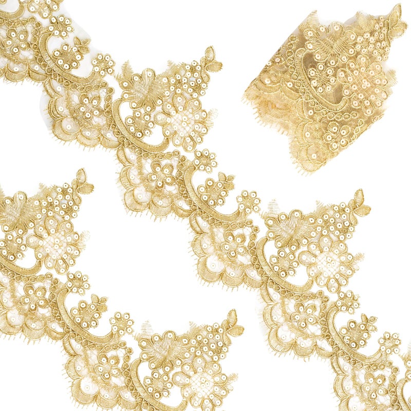 Winsyison 1 Yards Gold Metallic Venice Lace Trim 551 Inch Wide Sequin Embroidery Venice Lace Trim Ribbon Flower Metallic Ribbon Applique Embellishments for Sewing Wedding Clothes Cake Decoration - Image 3