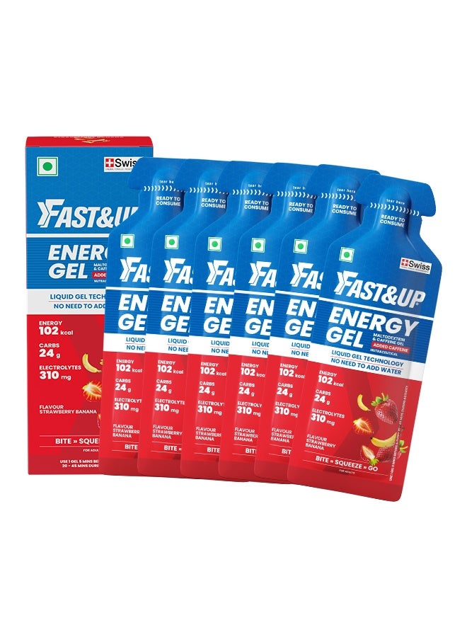 Fast&Up Energy Gels with 310 mg Electrolytes + 24 g Carbs + 100 kcal Energy + 30 mg Caffeine | Box of 6 sachets | Strawberry Banana flavour - Image 1
