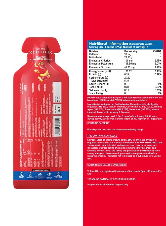 Fast&Up Energy Gels with 310 mg Electrolytes + 24 g Carbs + 100 kcal Energy + 30 mg Caffeine | Box of 6 sachets | Strawberry Banana flavour - Image 2