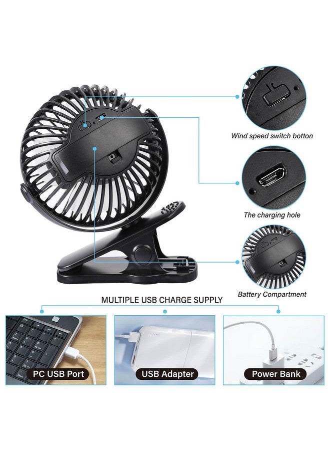 TCJJ Portable Clip on Fan, Rechargeable USB Desk Fans, Stroller Fan With TYPE-C Port 360° Rotatable Personal Small Mini Table Fan for Home Office Car Seat Crib Camping (Clip on Fan-black) - Image 2