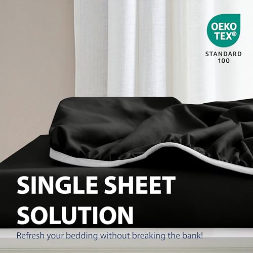 Cathay Home Luxury Wrinkle And Fade Resistant Double Brushed Ultra Soft Microfiber 14-inch Standard Pocket Single Fitted Sheet, Black, Full - Image 2