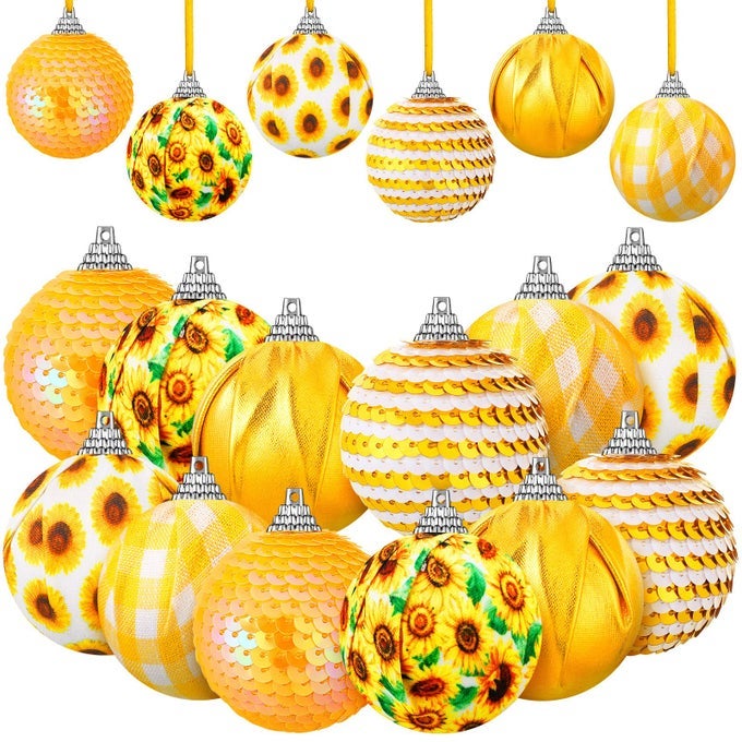 12 PCS SUNFLOWER ORNAMENT SUMMER TREE DECORATION SHINY HANGING SUNFLOWER BALL YELLOW SEQUIN HANGING ORNAMENT SUMMER DECORATION