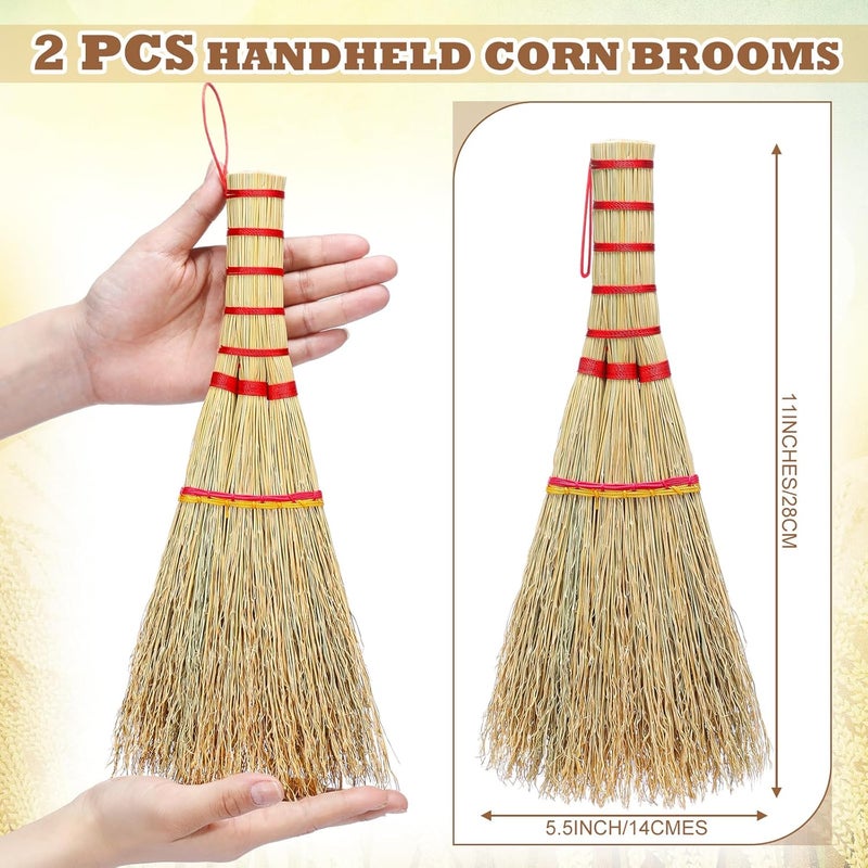 Suclain 2 Pcs Small Corn Whisk Brush Broom 100% Handmade 12 Inch Handheld Brush Whisks Natural Corn Short of Asian Whisk Broom with Nylon Thread Handle for Household Sweeping Indoor Outdoor(Style A) - Image 2