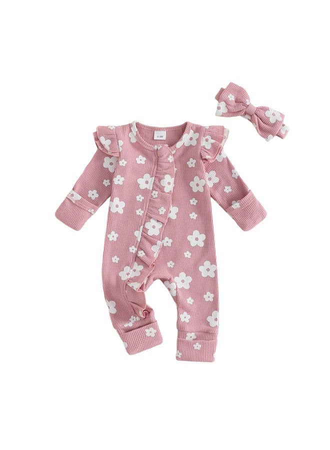 allshope Infant Baby Girl Fall Outfit Sweatshirt Romper Floral Print Long Sleeve Jumpsuit Onesie Newborn Waffle Clothes, Color Pink, 0-3 Months - Image 1