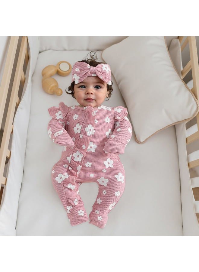 allshope Infant Baby Girl Fall Outfit Sweatshirt Romper Floral Print Long Sleeve Jumpsuit Onesie Newborn Waffle Clothes, Color Pink, 0-3 Months - Image 5
