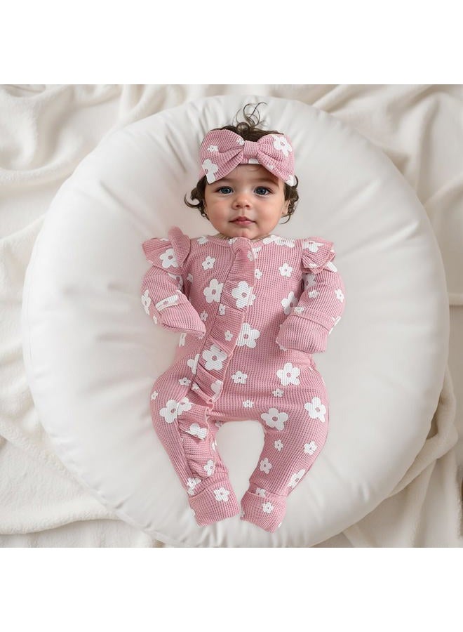 allshope Infant Baby Girl Fall Outfit Sweatshirt Romper Floral Print Long Sleeve Jumpsuit Onesie Newborn Waffle Clothes, Color Pink, 0-3 Months - Image 2