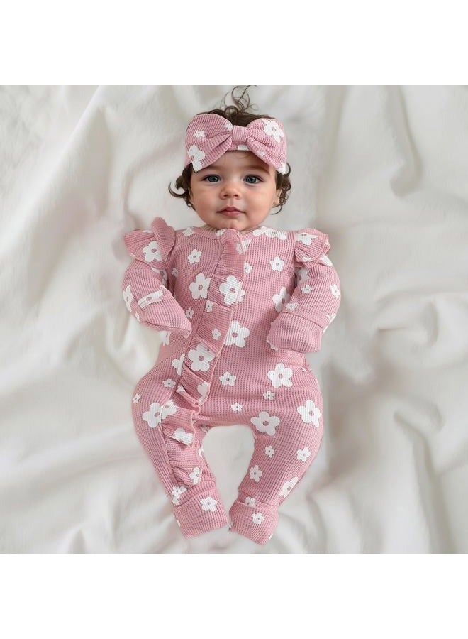 allshope Infant Baby Girl Fall Outfit Sweatshirt Romper Floral Print Long Sleeve Jumpsuit Onesie Newborn Waffle Clothes, Color Pink, 0-3 Months - Image 3