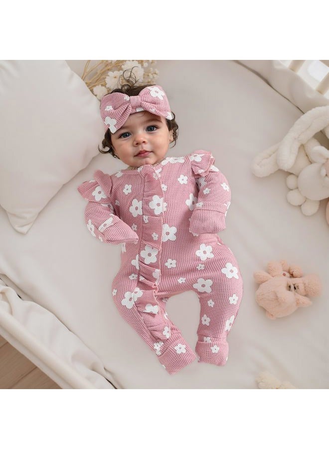 allshope Infant Baby Girl Fall Outfit Sweatshirt Romper Floral Print Long Sleeve Jumpsuit Onesie Newborn Waffle Clothes, Color Pink, 0-3 Months - Image 4
