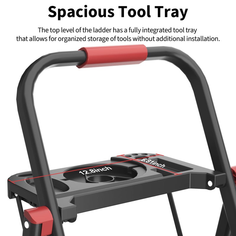 DIAMONDFORGE 5 Step Foldable Step Ladder with Mutifunctional Tool Tray, Platform Ladders Stepstools, Step Stool 5 Step Folding with Non-Slip Pedals, 800lbs Bearing Capacity for Adults, Home, Kitchen, Black Red - Image 3