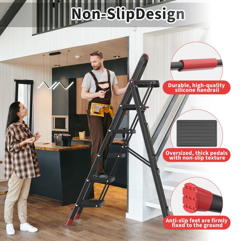 DIAMONDFORGE 5 Step Foldable Step Ladder with Mutifunctional Tool Tray, Platform Ladders Stepstools, Step Stool 5 Step Folding with Non-Slip Pedals, 800lbs Bearing Capacity for Adults, Home, Kitchen, Black Red - Image 4