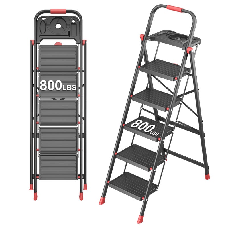 DIAMONDFORGE 5 Step Foldable Step Ladder with Mutifunctional Tool Tray, Platform Ladders Stepstools, Step Stool 5 Step Folding with Non-Slip Pedals, 800lbs Bearing Capacity for Adults, Home, Kitchen, Black Red - Image 1