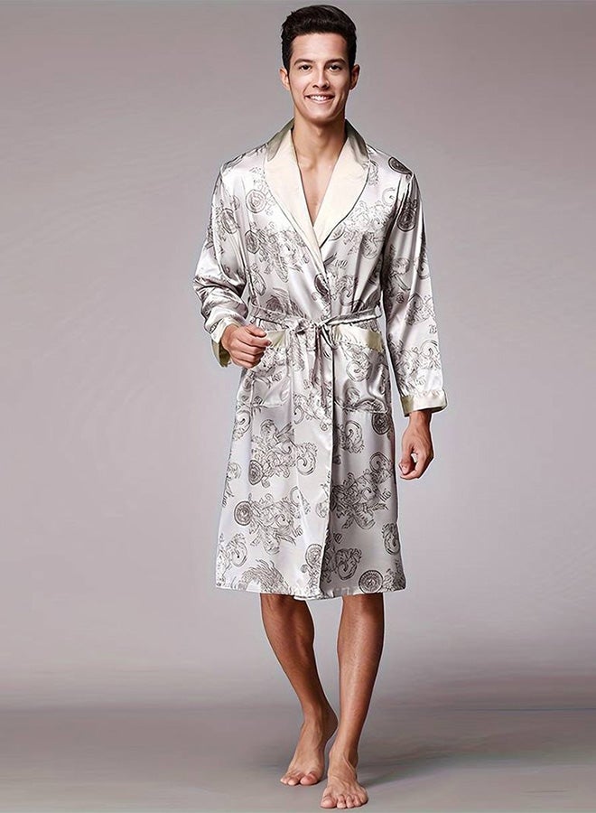 MARGOUN Men's XXL Bath Robe Dressing Gown Comfortable Sleepwear Silk Lovers Long Special Style Sleeves Nightgown Dressing Gown Dragon Pattern Silver - Image 1