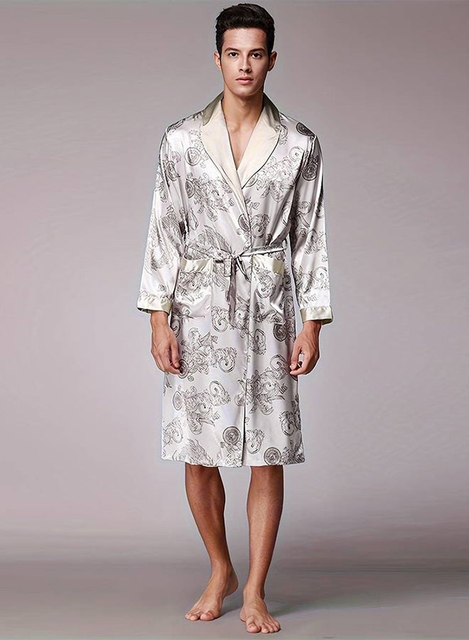 MARGOUN Men's XXL Bath Robe Dressing Gown Comfortable Sleepwear Silk Lovers Long Special Style Sleeves Nightgown Dressing Gown Dragon Pattern Silver - Image 4