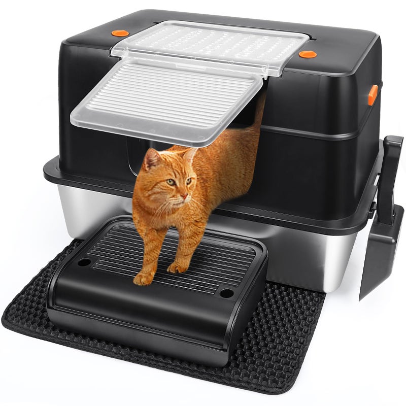 Vivifying Stainless Steel Litter Box, XL Side Entry Extra Large Litter Box with Lid for Big Cats & Kitty, Removable Enclosed Metal Cat Pan with High Sided Enclosure, Scoop, Mat, Footboard (Black) - Image 1