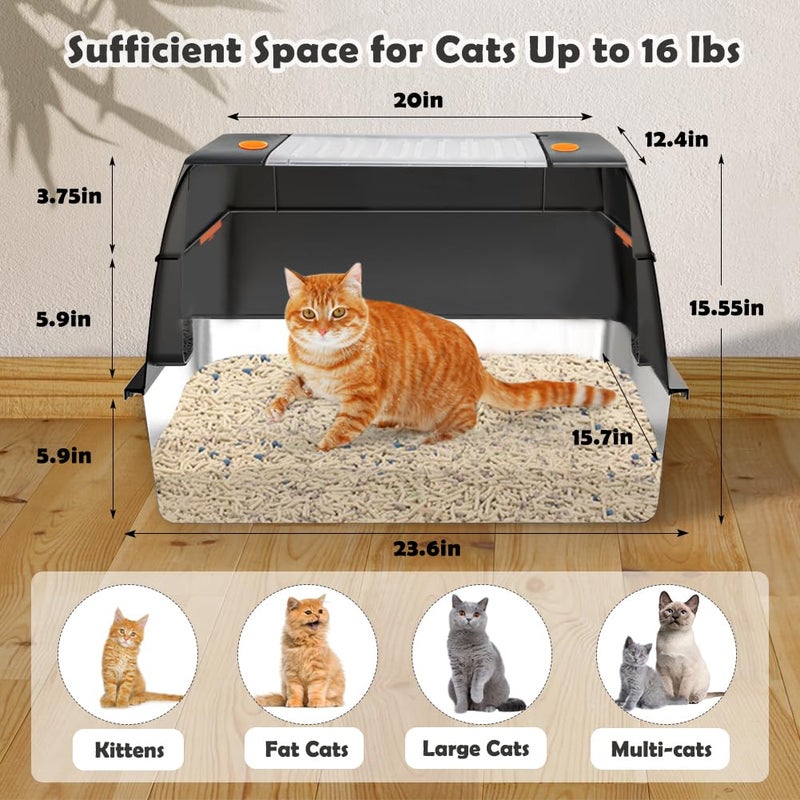 Vivifying Stainless Steel Litter Box, XL Side Entry Extra Large Litter Box with Lid for Big Cats & Kitty, Removable Enclosed Metal Cat Pan with High Sided Enclosure, Scoop, Mat, Footboard (Black) - Image 2