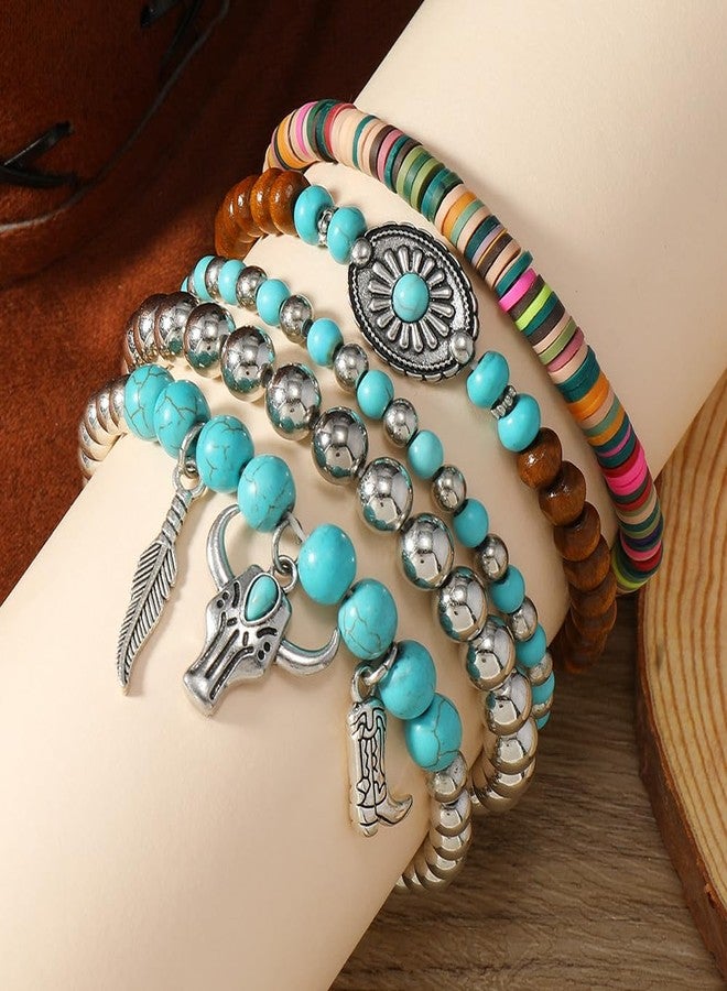 kepvrio Western Turquoise Bracelets for women Vintage Turquoise Cowgirl Bracelets Handmade Stackable Turquoises Beaded Western Jewelry Tribal Ethnic Unisex Accessories(Style-A) - Image 5