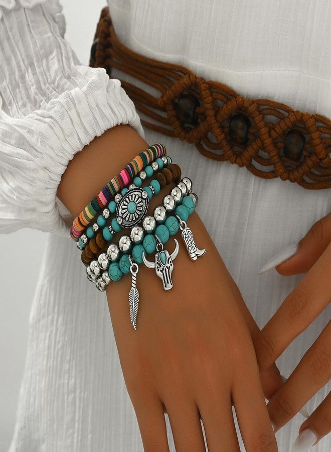 kepvrio Western Turquoise Bracelets for women Vintage Turquoise Cowgirl Bracelets Handmade Stackable Turquoises Beaded Western Jewelry Tribal Ethnic Unisex Accessories(Style-A) - Image 4