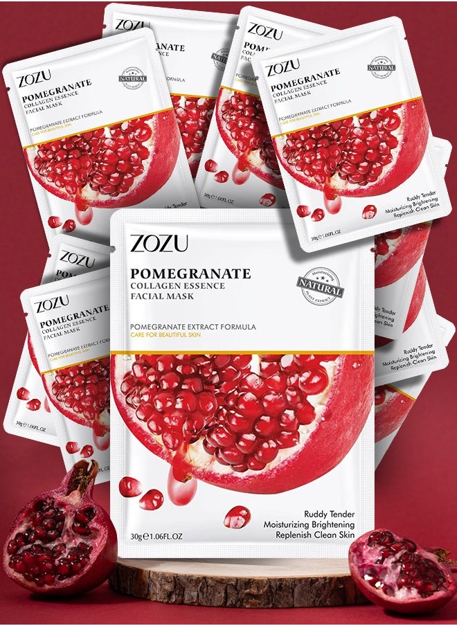 Zozu 10 Pcs Pomegranate Collagen Essence Facial Mask Set Moisturizing Brightening Replenish Clean Skin Skincare Face Mask Sheet for Women and Men Hydrating Skin care Facial Sheet Masks  - Image 1
