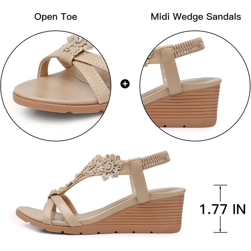 TEMOFON Womens Sandals Wedge Low: Summer Open Toe Wedges - Dressy Casual Elastic Ankle Strap Platform - Comfortable Rhinestone Flower Sandals - Image 5