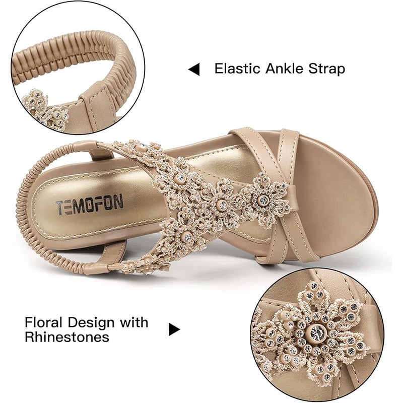 TEMOFON Womens Sandals Wedge Low: Summer Open Toe Wedges - Dressy Casual Elastic Ankle Strap Platform - Comfortable Rhinestone Flower Sandals - Image 4