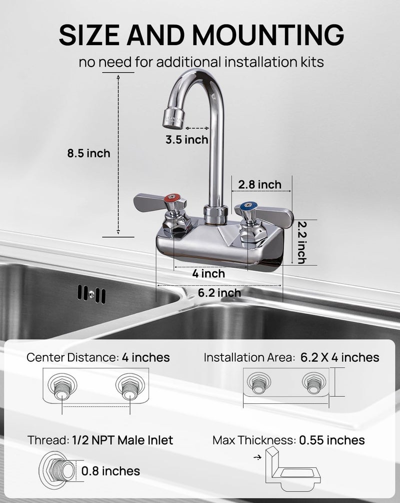 Sepaitek Leak-Free Kitchen Faucet Wall Mount 4" Center, Commercial Sink Faucet for Restaurant Triple 3 Compartment Sink, 3-1/2 Gooseneck 2 Hole Industrial Laundry Bar Hand Sink Faucet, Brass - Image 5