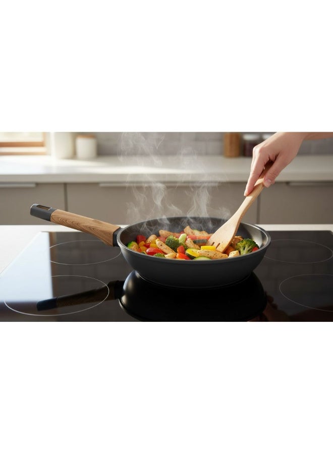 Nonstick deep frying pan with induction base & wooden handle fast & even heating easy clean aluminium skillet works on all hobs black 26 cm - Image 4