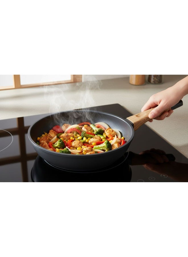 Nonstick deep frying pan with induction base & wooden handle fast & even heating easy clean aluminium skillet works on all hobs black 26 cm - Image 5